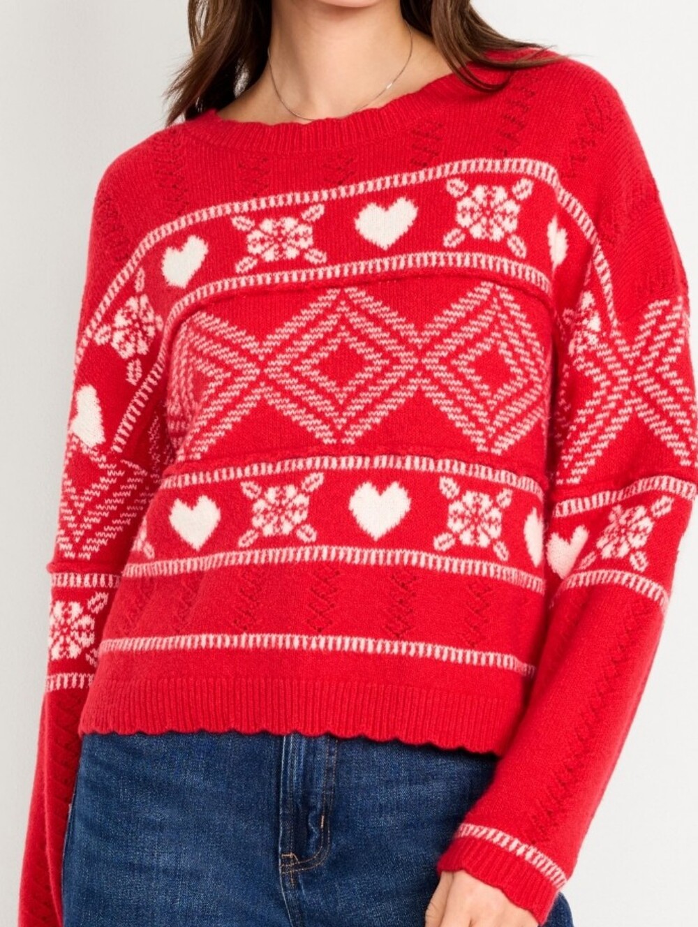 OLD NAVY Red Heart Pattern Knitted Crewneck Sweater- with Delicate Stitching